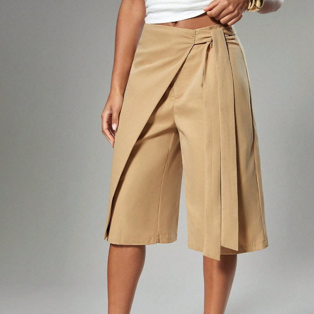 Khaki Casual Women's Tailored Wrap Wide Leg Bermuda Shorts with Tie Detail